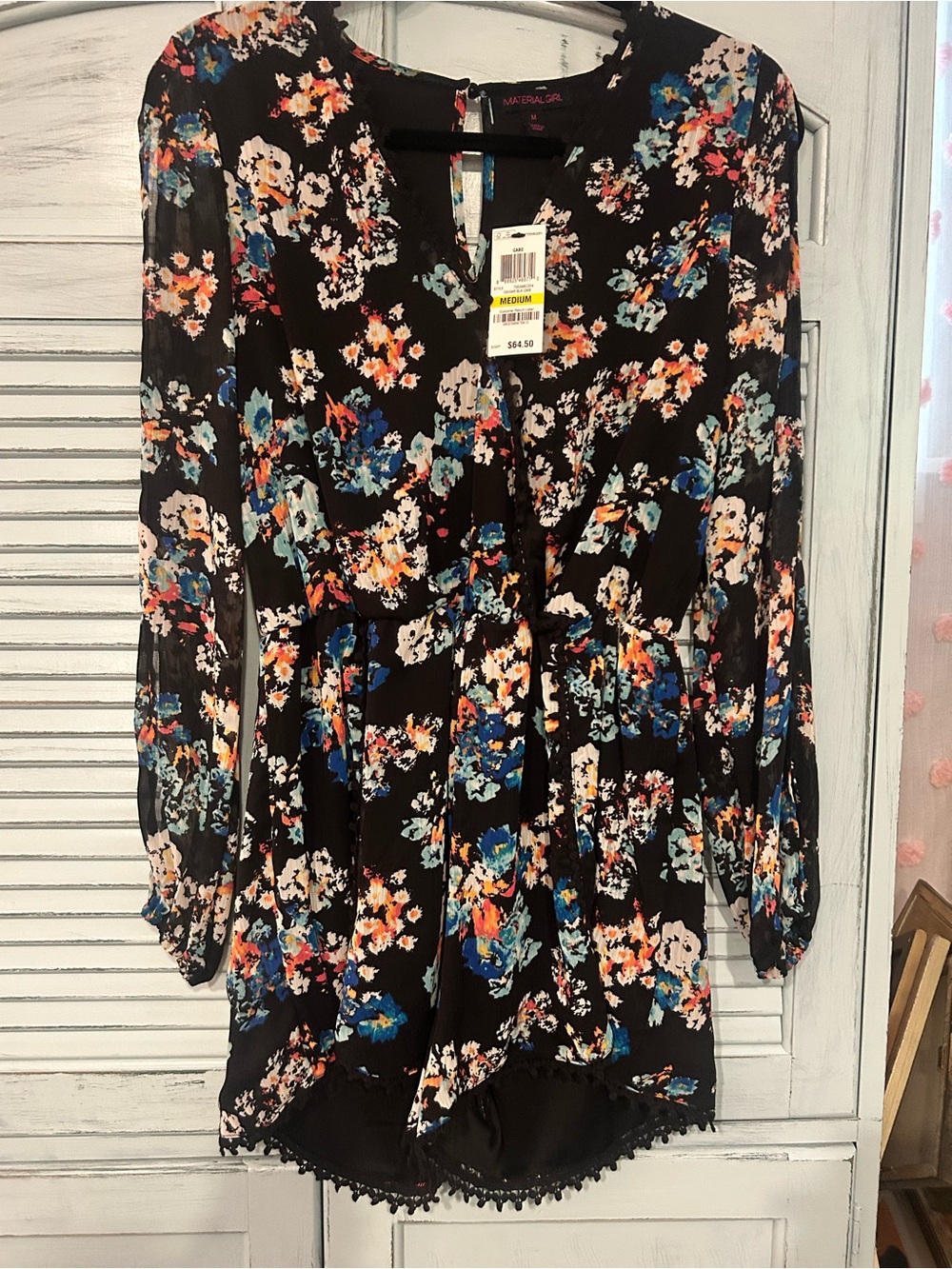 Material Girl Black Floral V-Neck Romper with Long Sleeves